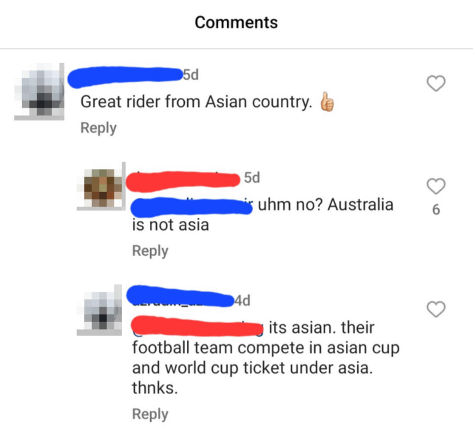A person calls Australia an Asian country, a responder that's not true, and the original person says it is because their football team competes in the Asian Cup