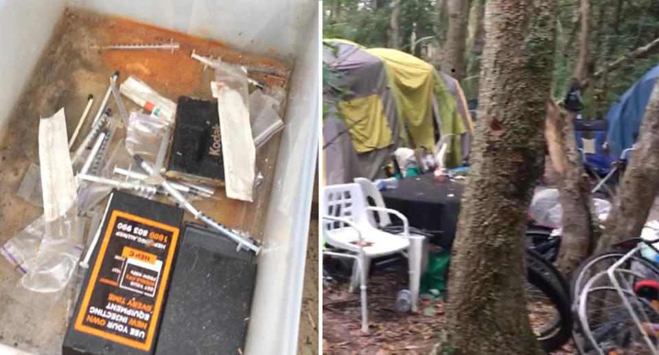 Used needles and rubbish inside a campground behind a school in Tweed Heads, NSW.