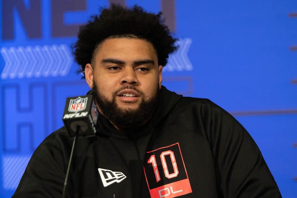 Ohio State defensive lineman Haskell Garrett (DL10) talks to the media during the 2022 NFL Combine.