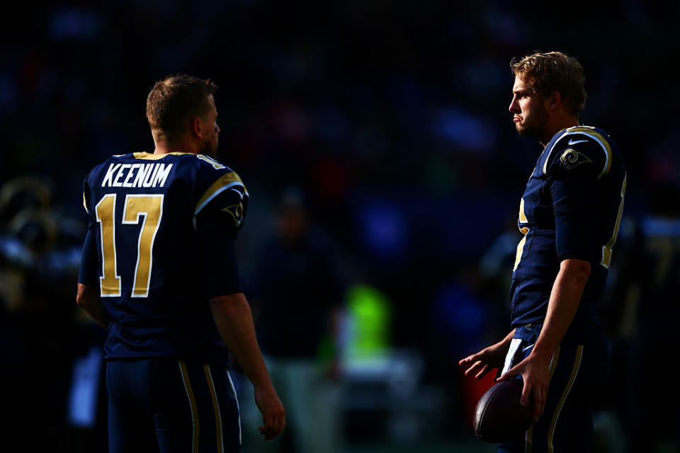 Case Keenum and Jared Goff are befuddled in London. (Getty Images)