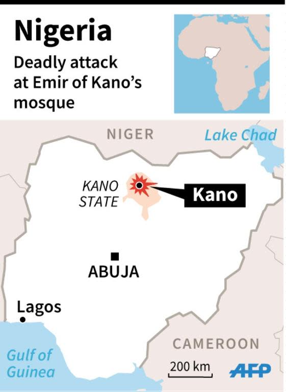 Map of Nigeria locating Kano, site of an attack on a major mosque