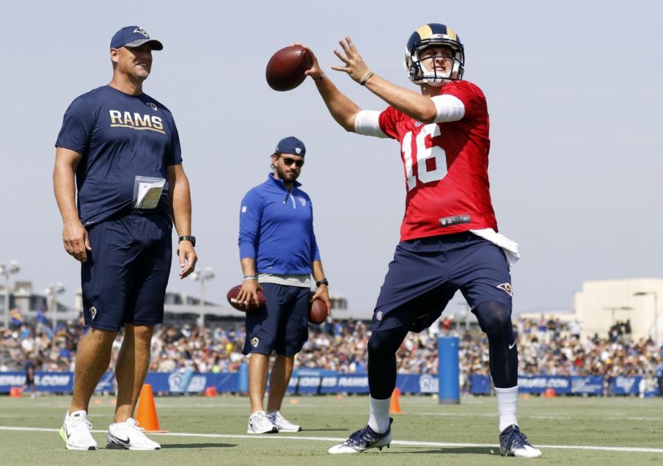 Jared Goff, right, during Rams training camp (AP)