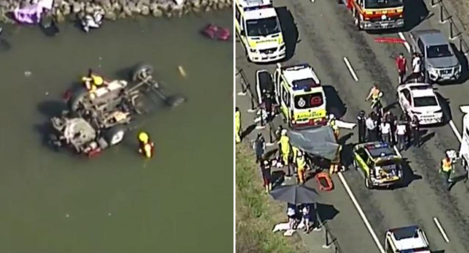 Emergency services at the Wyaralong Dam scene after passersby tried to save as many lives as they could.