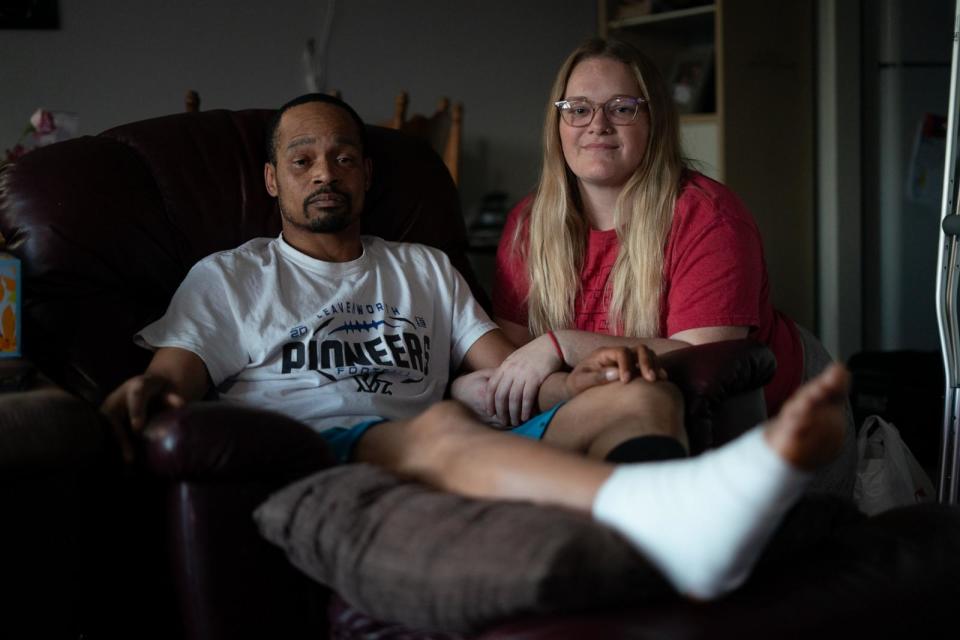 PHOTO: Jacob Gooch Sr. and Emily Tavis received an outpouring of emotional and financial support in the days after they were both shot at the Kansas City Chiefs Super Bowl parade. (Christopher Smith for KFF Health News)