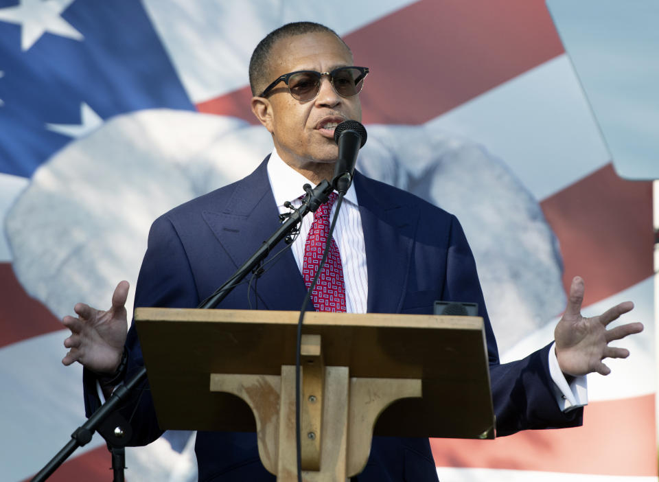 FILE - In this July 6, 2021 photo, retired Detroit Police Chief James Craig speaks at the Jackson County Republican Committee "Under the Oaks" birthday celebration in Jackson, Mich. About a half-dozen police chiefs and high-ranking law enforcement officers are running for higher office more than a year after George Floyd’s murder prompted debate over police reform and whether to slash law enforcement funding. (J. Scott Park/Jackson Citizen Patriot via AP)