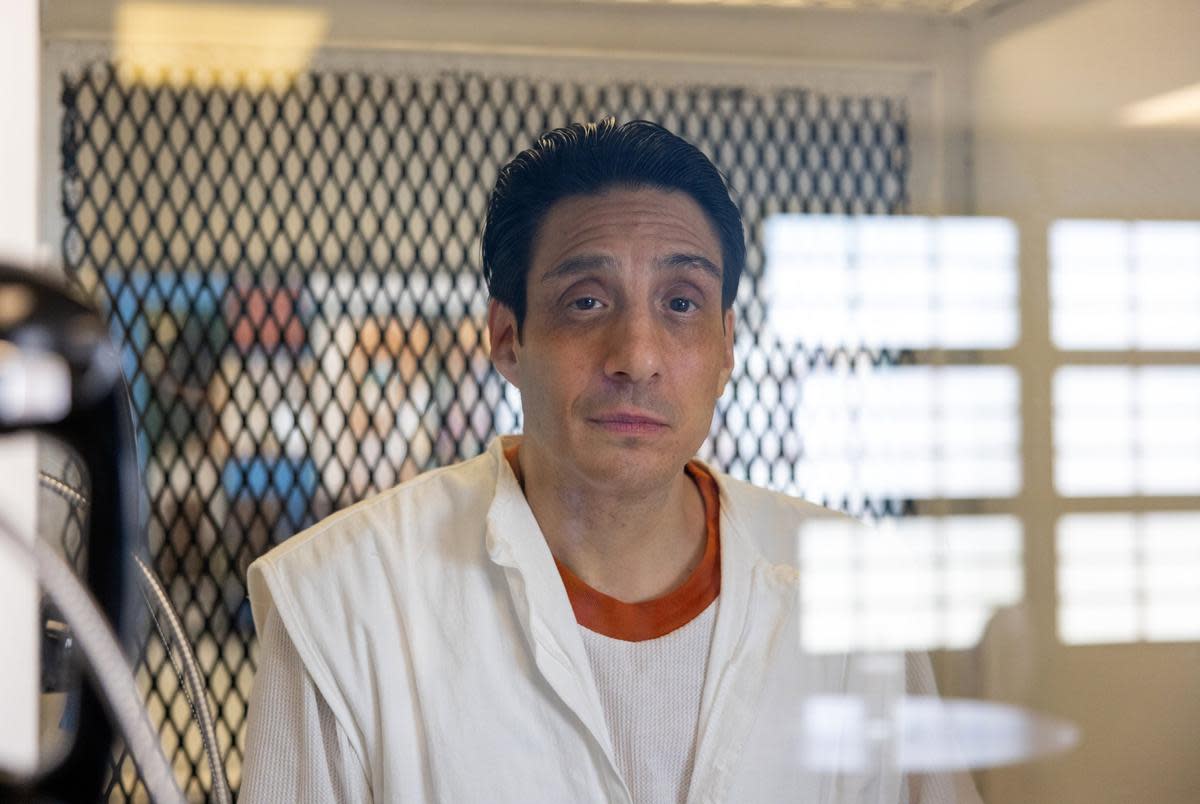 Ivan Cantu poses for a photo in the visitation room of the Polunsky Unit on Jan. 31, 2024. This is Cantu's third time being on death row.