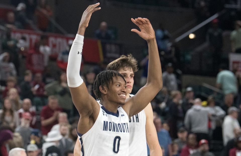 Monmouth's Myles Foster celebrates as Monmouth defeated Rider, 72-68, in the semifinal game of the MAAC Tournament played at Jim Whelan Boardwalk Hall in Atlantic City on Friday, March 11, 2022.