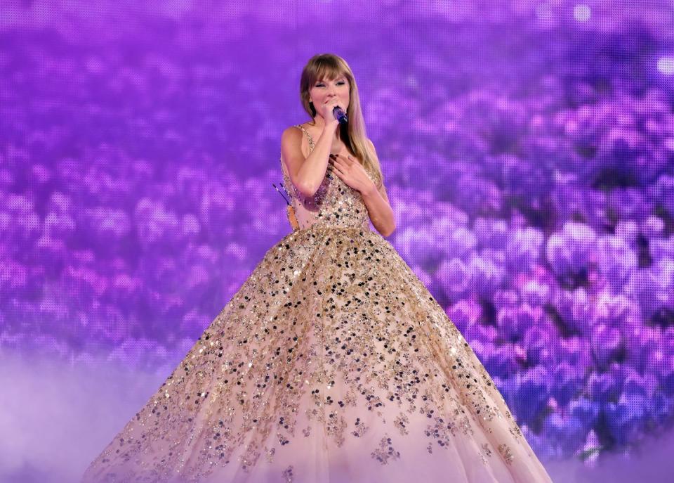 glendale, arizona march 17 editorial use only and no commercial use at any time no use on publication covers is permitted after august 9, 2023 taylor swift performs onstage for the opening night of 