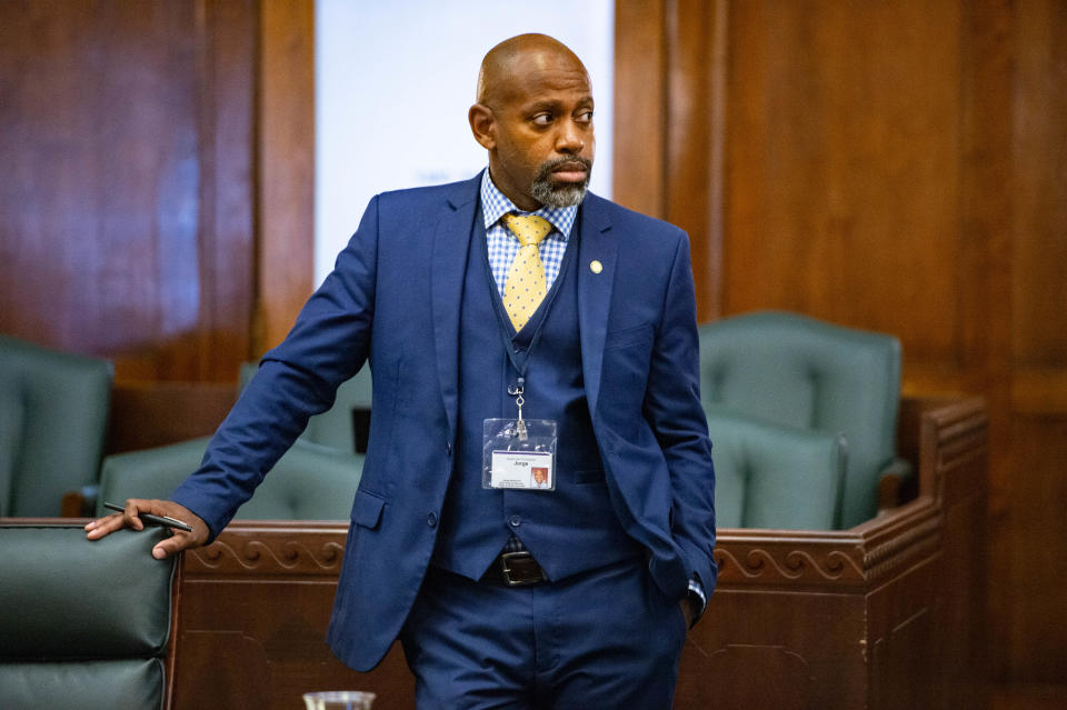 North Carolina Assistant District Attorney Jorge Redmond speaks in the Buncombe County Courthouse before Tyler McDonald's trial on May 10, 2022/