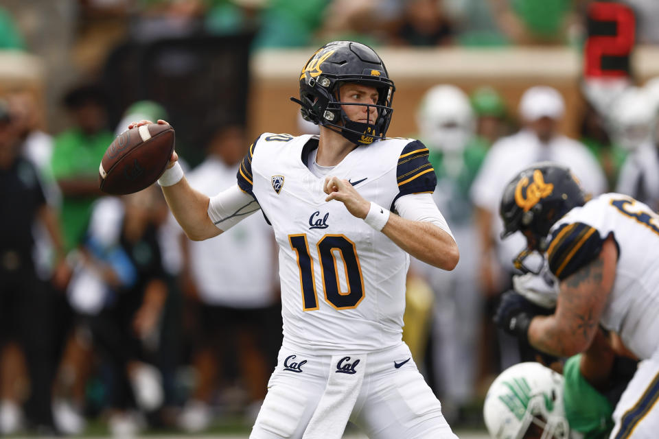 California quarterback Ben Finley (10) throws during the first half of an NCAA college football game against North Texas, Saturday, Sept. 2, 2023, in Denton, Texas. (AP Photo/Brandon Wade)