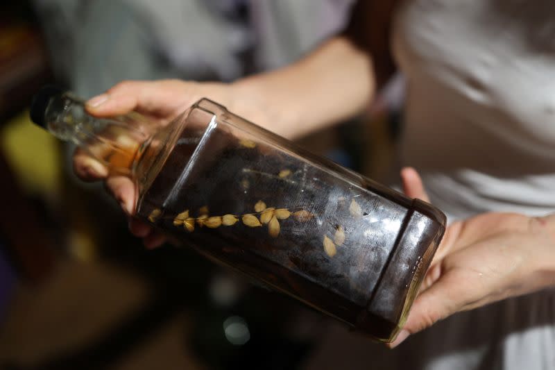 Anna Abarshalina, de 49 años, sostiene un frasco de infusiones de hierbas y semillas que prepara con fines medicinales en Florianópolis