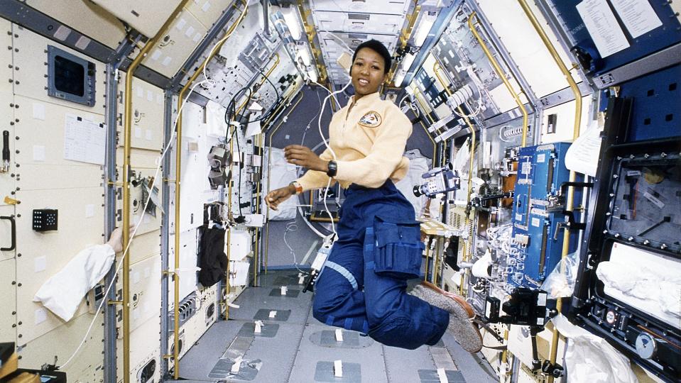 Mae Jemison 'floating' in the space shuttle Endeavour during her mission in 1992.