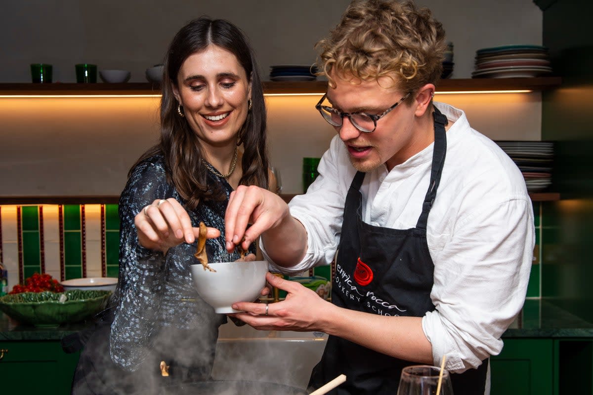  Overly saucy? Lara and Tom get to know each other at the Enrica Rocca singles cooking club   (Lucy Young)