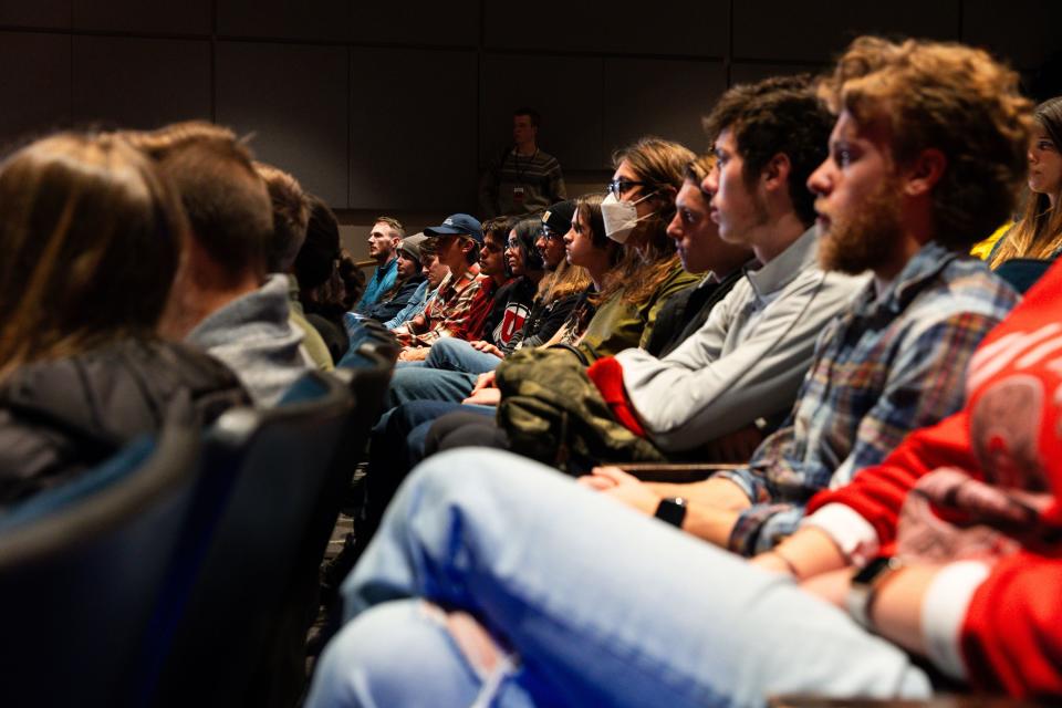 Attendees listen at an event put on by student group Young Americans for Freedom featuring Chloe Cole at the University of Utah in Salt Lake City on Thursday, Nov. 30, 2023. Cole previously identified as transgender and received medical interventions but has since “detransitioned” to the gender she was assigned at birth. | Megan Nielsen, Deseret News