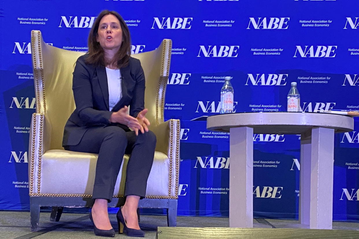 Federal Reserve Bank of Dallas President Lorie Logan speaks at a conference of the National Association for Business Economics in Dallas, Texas, U.S., October 9, 2023. REUTERS/Ann Saphir