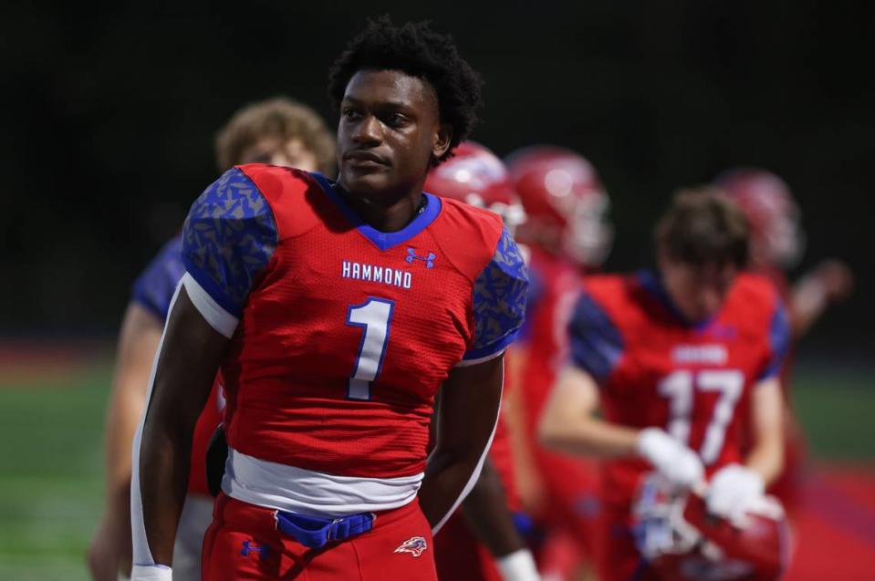 Michael Tyler (1) of Hammond warms up before the Skyhawks’ game against the Cardinals in Columbia on Friday, October 6, 2023.