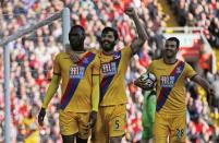 Britain Football Soccer - Liverpool v Crystal Palace - Premier League - Anfield - 23/4/17 Crystal Palace's Christian Benteke celebrates scoring their second goal with team mates Action Images via Reuters / Paul Childs Livepic