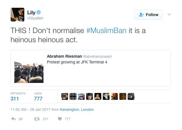 Singer Lily Allen took to social media to express her opinion about the immigration ban, calling it "a heinous act."