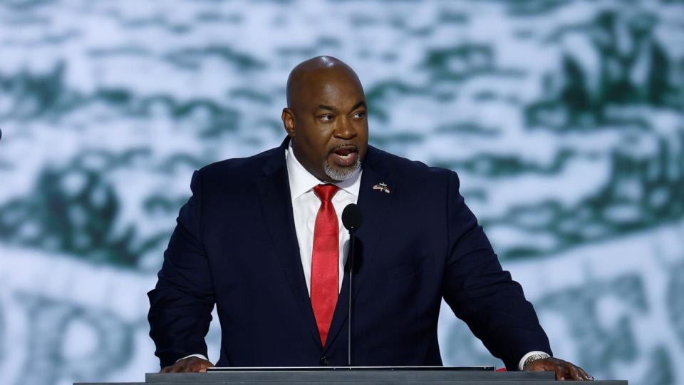 PHOTO: North Carolina Lt. Governor Mark Robinson speaks on stage on the first day of the Republican National Convention at the Fiserv Forum on July 15, 2024 in Milwaukee, Wisconsin. ((Photo by Chip Somodevilla/Getty Images)