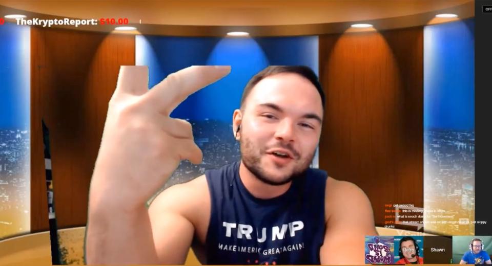 McCaffrey wearing a Trump shirt during a livestreamed episode of his podcast, "The Weekly Sweat." The guest on that episode was neo-Nazi Andrew Anglin. (Photo: Screenshot)