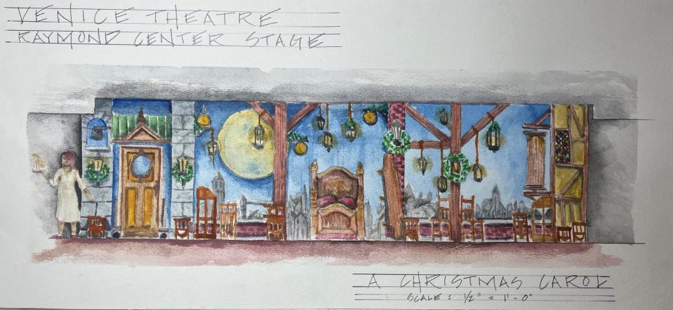 A rendering of Tim Wisgerhof’s new scenic design for the Venice Theatre production of “A Christmas Carol.”