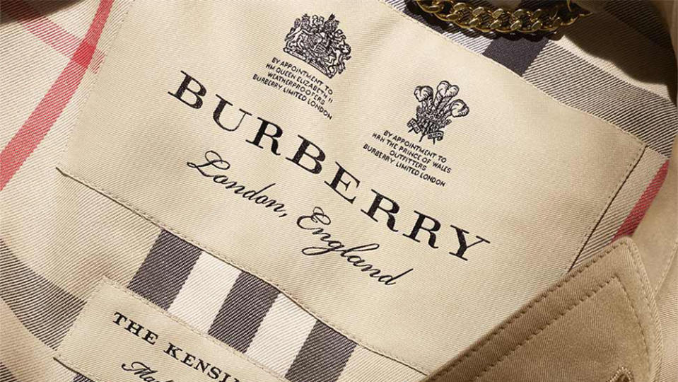 Burberry's label gives pride of place to the brand's two Royal Warrants.