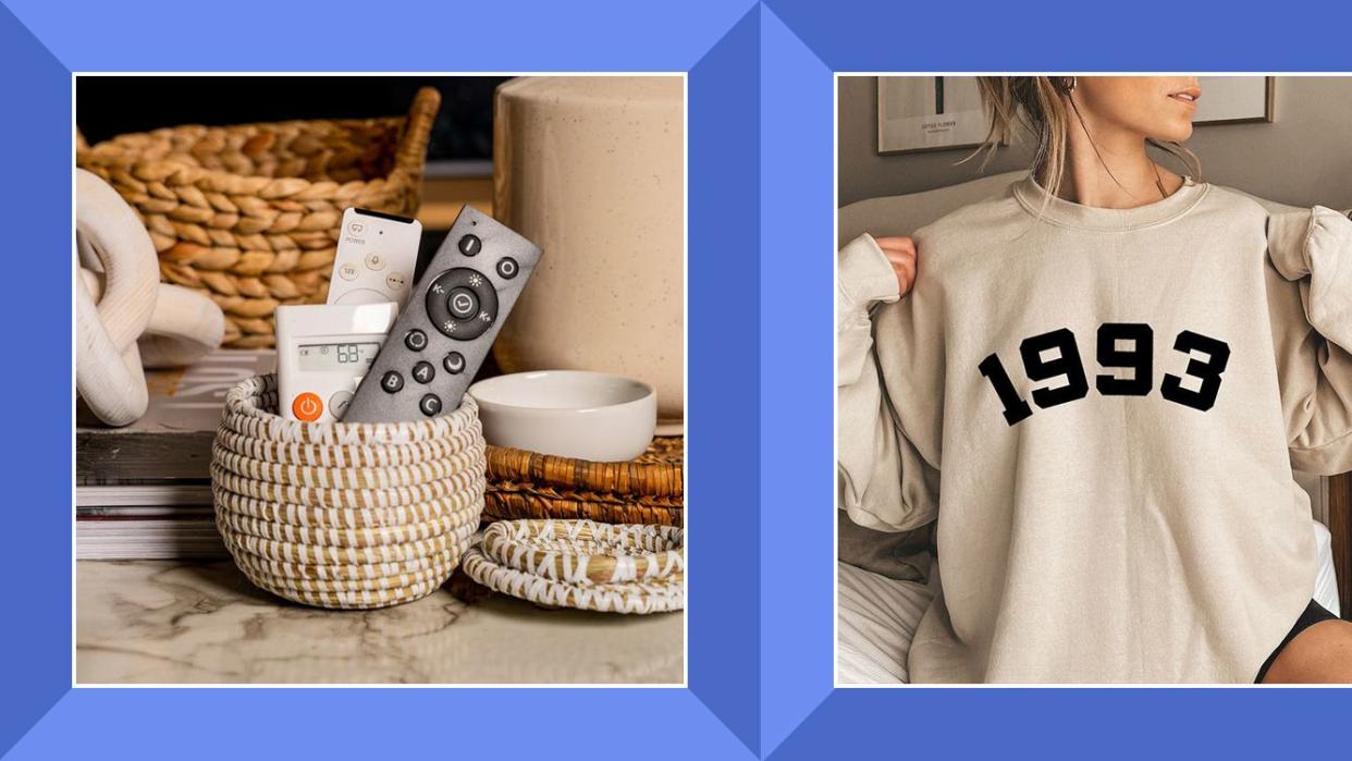 woven basket filled with remotes, woman in 1993 sweatshirt