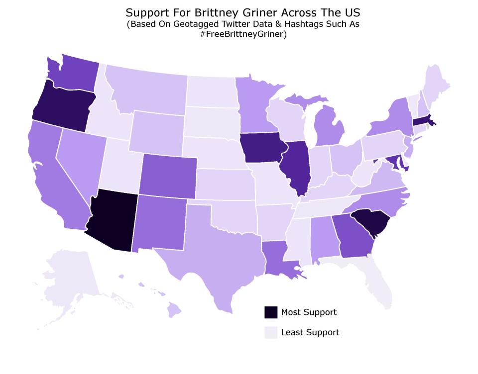 A map depicting which states have produced the most and least tweets in support of Brittney Griner.