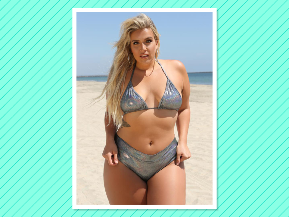 <p>Debshops plus-size triangle holographic bikini top, $30, and bikini bottoms, $40, <a rel="nofollow noopener" href="http://www.debshops.com/PlusSize/Plus+Size+Triangle+Holographic+Swimsuit+Bikini+Top%7C1009298_001" target="_blank" data-ylk="slk:debshops.com;elm:context_link;itc:0;sec:content-canvas" class="link ">debshops.com</a><br><br></p>