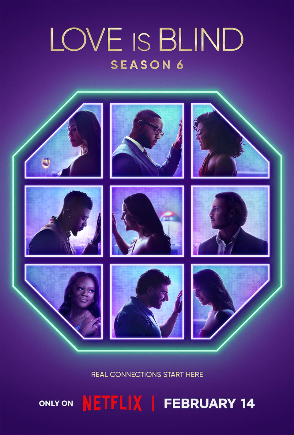 "Promotional poster for 'Love is Blind Season 6' featuring silhouettes of couples in hexagonal frames with premiere date."