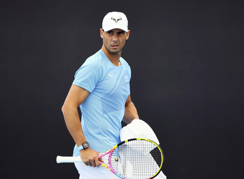 Rafael Nadal of Spain attends a training session ahead of the Brisbane International tennis tournament in Brisbane, Australia, Thursday, Dec. 28, 2023. (AP Photo/Tertius Pickard)