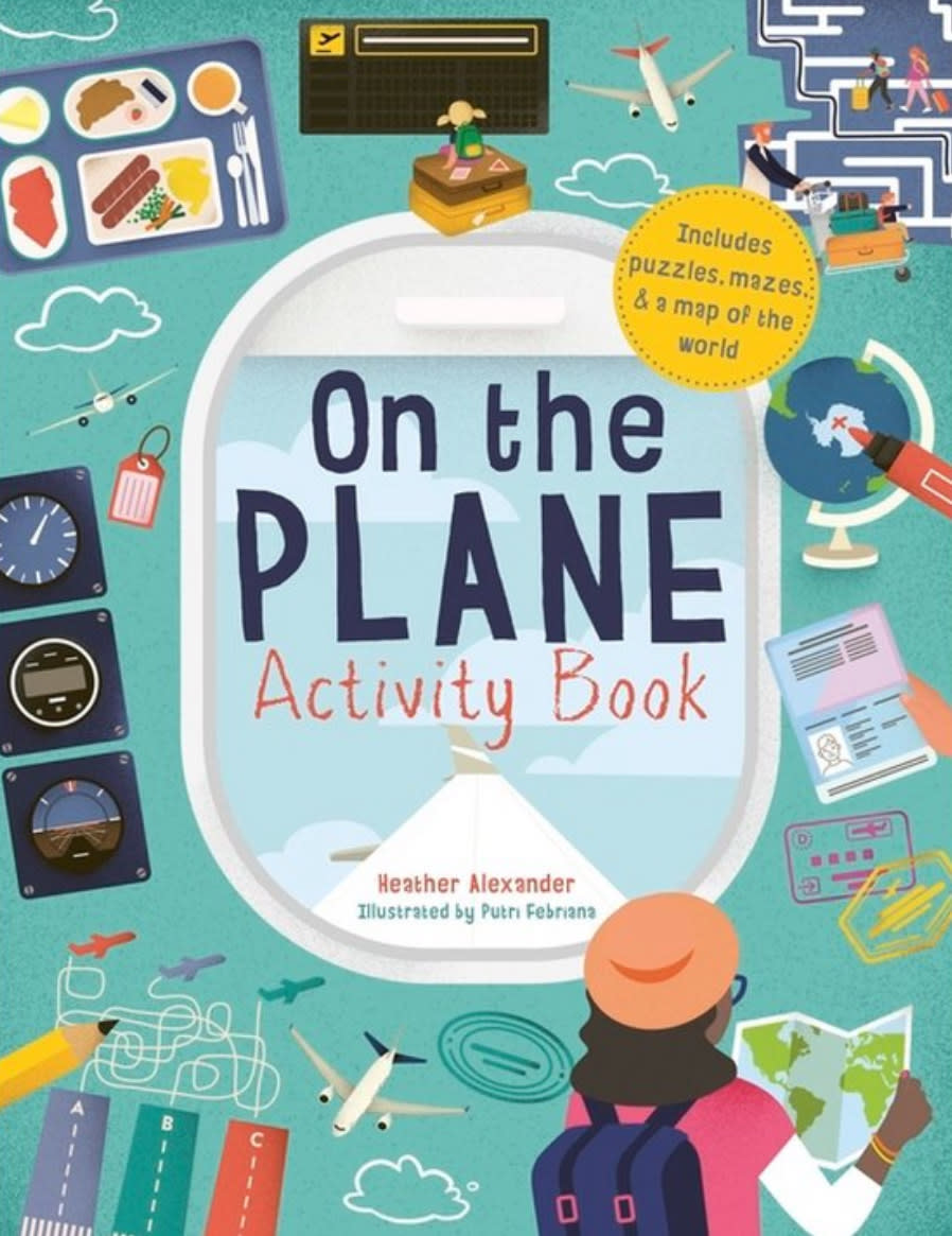 Cover of "On the Plane Activity Book" with puzzles, mazes, and illustrations for children's entertainment