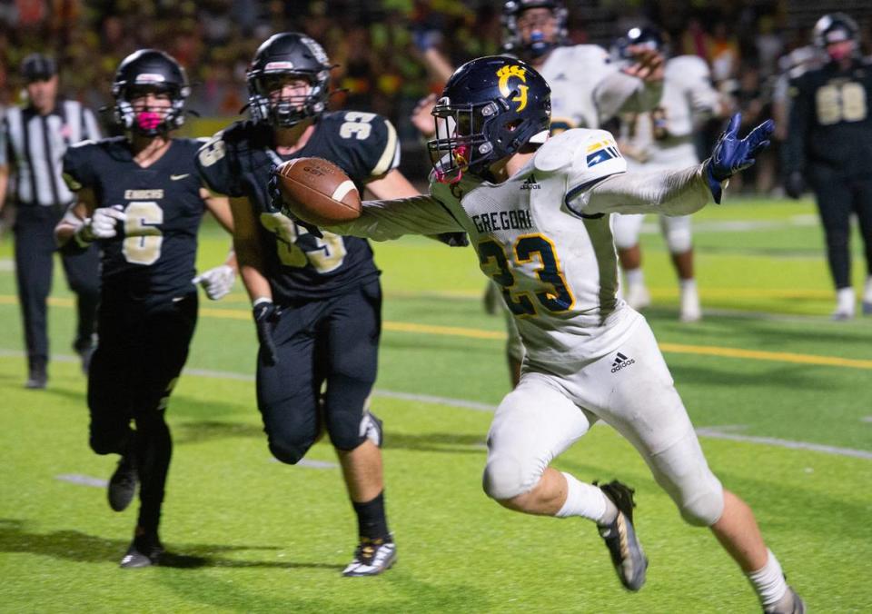 Gregori’s Michael Marsden crosses the end zone for the game winning touchdown during the Central California Athletic League game with Enochs at Downey High School in Modesto, Calif., Friday, Sept. 30, 2022. Gregori won the game 36-30 in overtime.