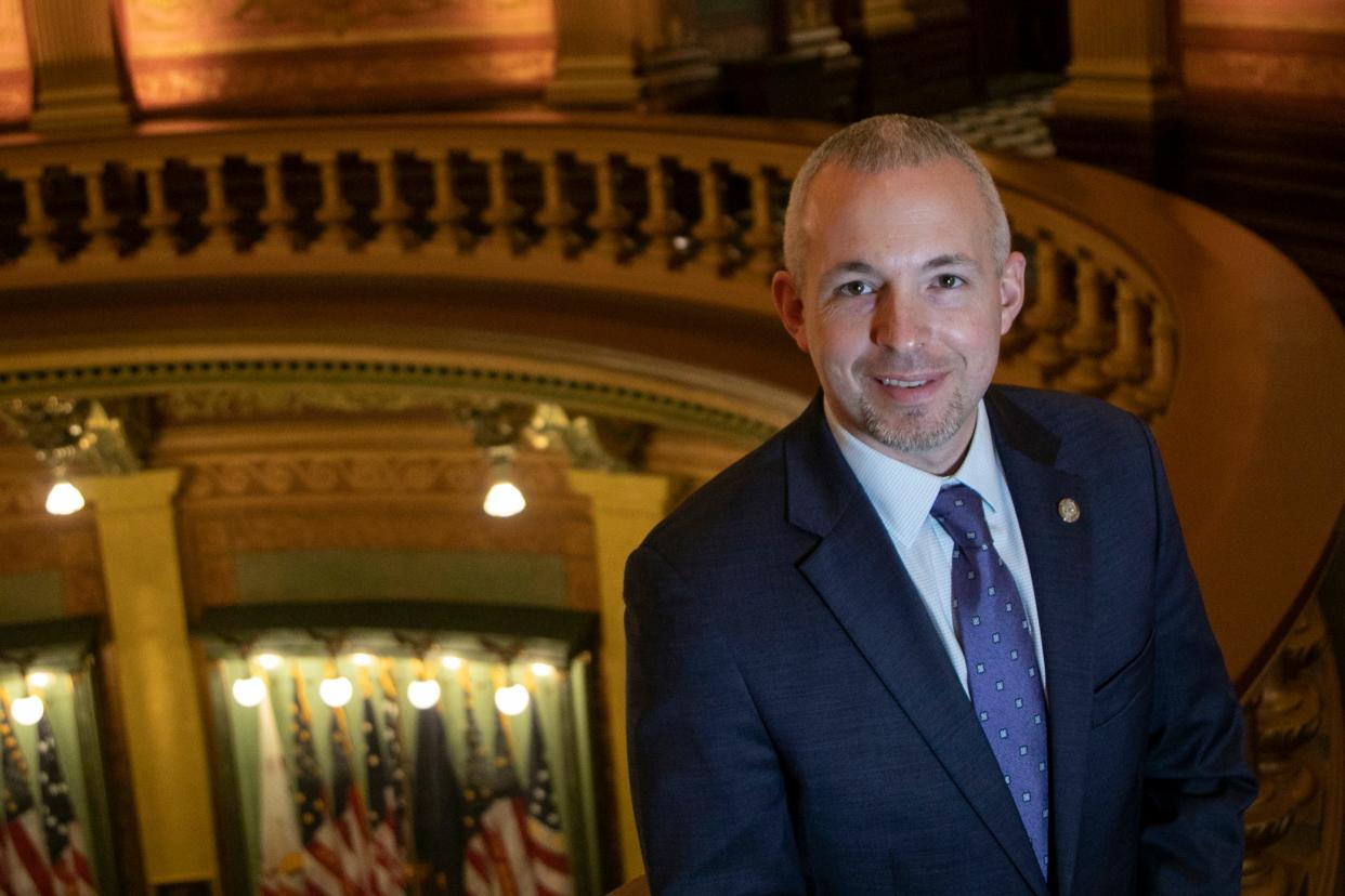 In this Dec. 21, 2020, file photo, Rep. Jason Wentworth, R-Clare, is shown inside the State House in Lansing, Mich. The new Speaker of the House and fellow Republicans have threatened to withhold billions of dollars for schools unless Democratic Gov. Gretchen Whitmer cedes her administration's power to prohibit in-person instruction and sports to local health departments. Whitmer called the move 