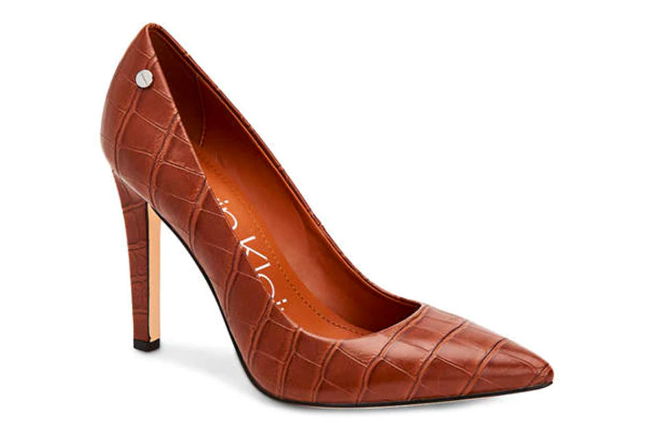 pumps, brown, embossed, snakeskin, calvin klein