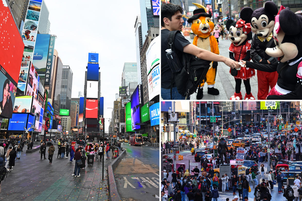 A collage depicting a crowded and grimy Times Square, described as overrated in a survey of world's worst tourist traps.