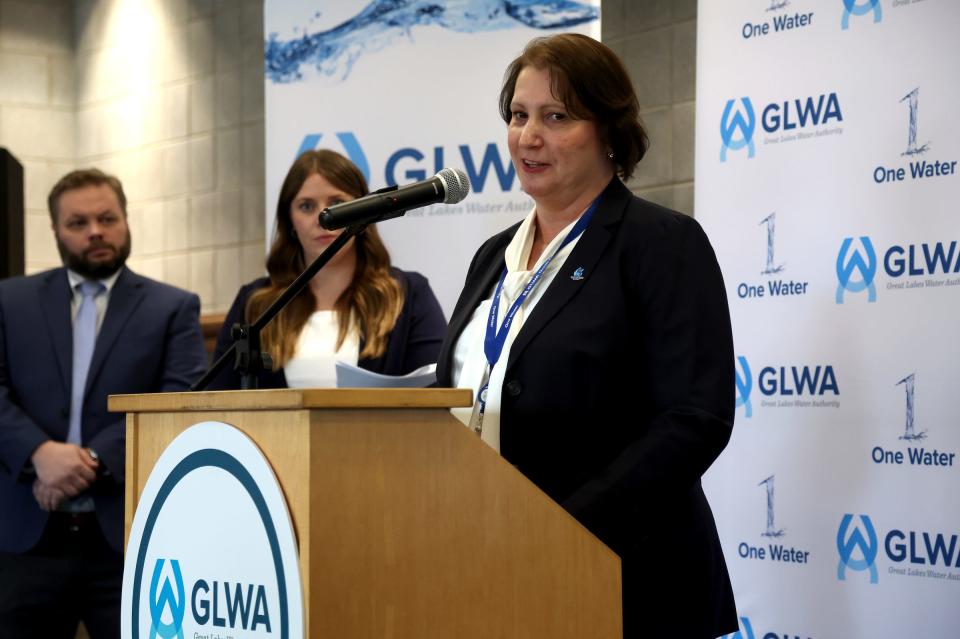 Nicky Bateson, the CFO and Treasurer at the Great Lakes Water Authority in Detroit talks during a press conference at the GLWA in Detroit on March 1, 2023.
The water authority announced WRAP, the Water Residential Assistance Program which helps low-income households with payment assistance through water and sewer bill credits and other services for them.