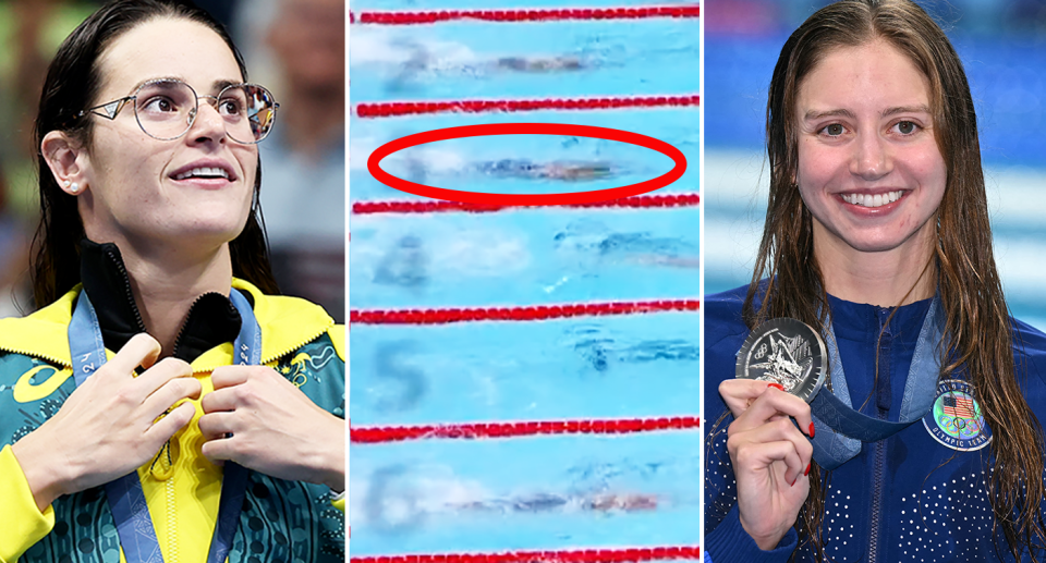 Vision from the controversial women's 200m medley final showed both US competitors should have been disqualified, which would have resulted in Kaylee McKeown winning a silver medal. Image: Getty/Nine/Getty
