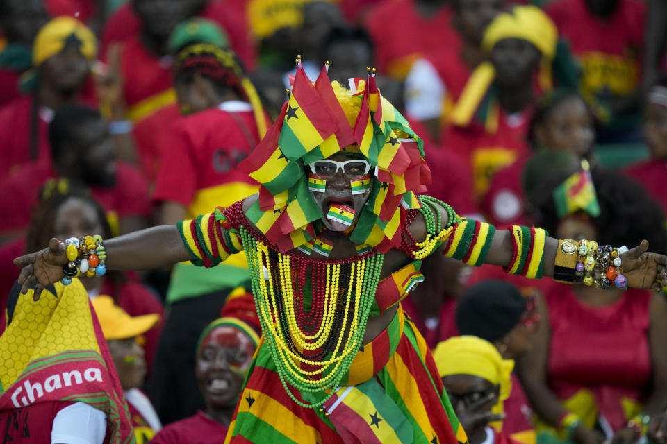 A fan of Ghana cheers prior to the start of the African Cup of Nations Group B soccer match between Mozambique and Ghana in Abidjan, Ivory Coast, Monday, Jan.22, 2024. (AP Photo/Sunday Alamba)