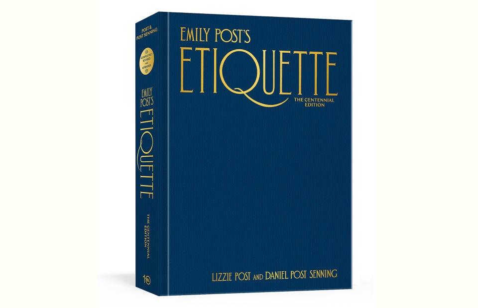 This cover image released by Ten Speed Press shows "Emily Post's Etiquette, The Centennial Edition" by Lizzie Post and Daniel Post Senning. (Ten Speed Press via AP)