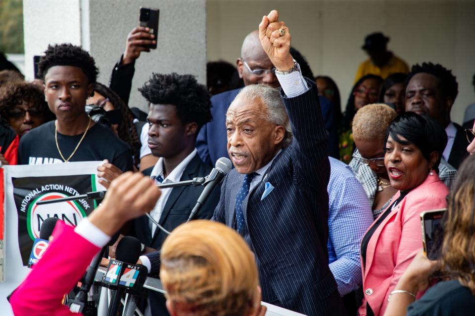 Al Sharpton speaks to a crowd of hundreds from the steps of the Senate portico during the National Action Network demonstration in response to Gov. Ron DeSantis's efforts to minimize diverse education. The activists chanted and carried signs while making their way from Bethel Missionary Baptist Church in Tallahassee, Florida to the Capitol building Wednesday, Feb. 15, 2023.