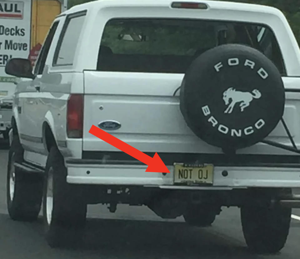 license on a ford bronco that reads not oj