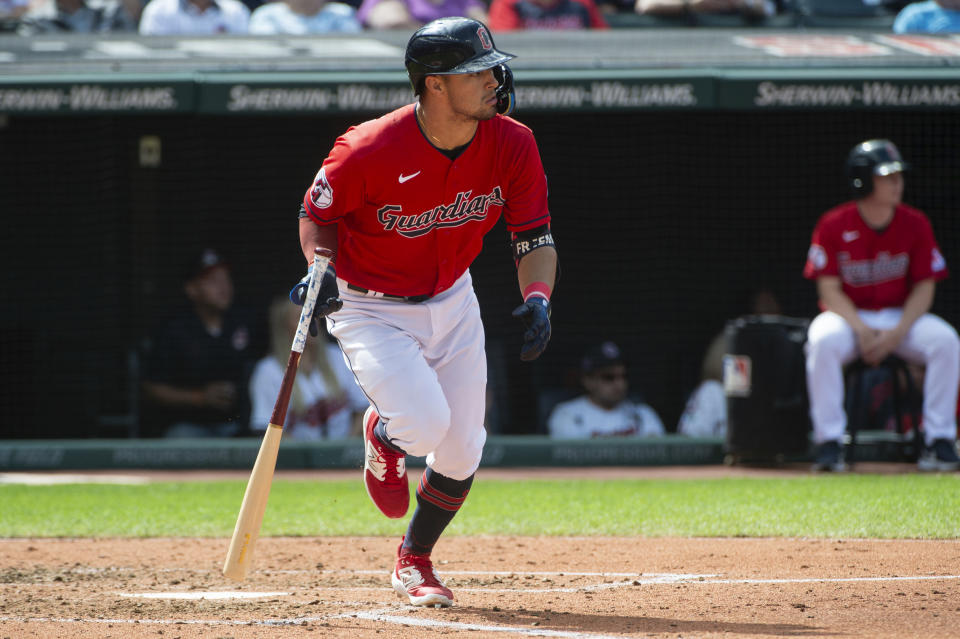 Cleveland Guardians' Tyler Freeman watches his RBI single off Texas Rangers starting pitcher Cody Bradford during the fourth inning of a baseball game in Cleveland, Sunday, Sept. 17, 2023. (AP Photo/Phil Long)