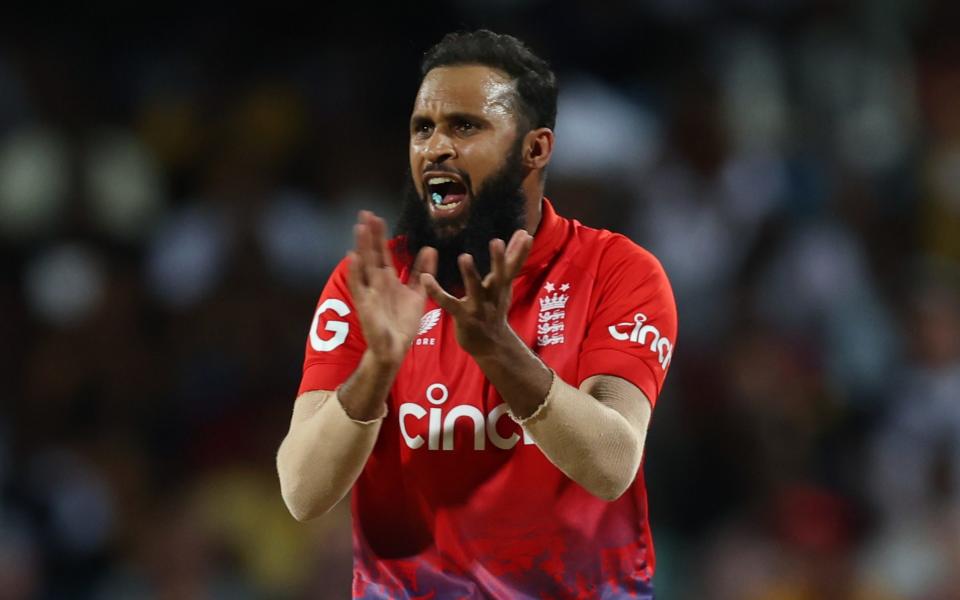 Adil Rashid of England reacts during the 1st T20 International between West Indies and England at Kensington Oval on December 12, 2023 in Bridgetown, Barbados