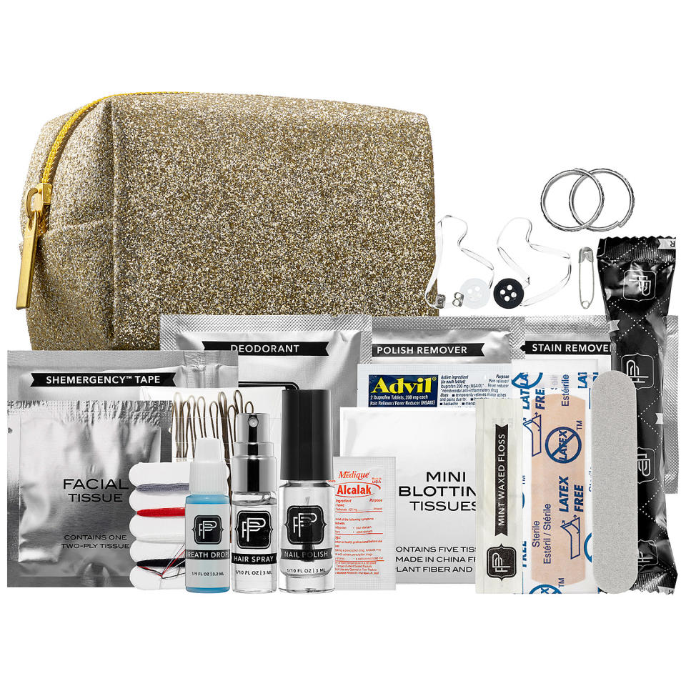 <p>The ultimate emergency kit for all the women in your life, and it's all tucked into a bag the size of your fist!</p><p>Buy it <a rel="nofollow noopener" href="https://click.linksynergy.com/fs-bin/click?id=93xLBvPhAeE&subid=0&offerid=540503.1&type=10&tmpid=10002&RD_PARM1=https%253A%252F%252Fwww.sephora.com%252Fproduct%252Fminimergency-kit-for-bridesmaids-champagne-glitter-P386500&u1=IS%2CHOL%2CGAL%2CNailtheSecretSantaExchangewithTheseGiftsUnder%2425%2Cldolak1271%2C201712%2CT" target="_blank" data-ylk="slk:here;elm:context_link;itc:0;sec:content-canvas" class="link ">here</a> for $16.</p>
