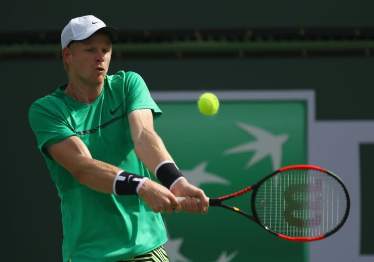 Kyle Edmund of Great Britain plays a backhand during his first round match against Gastao Elias of Portugal during day five of the BNP Paribas Open at Indian Wells Tennis Garden on March 10, 2017 in Indian Wells, California