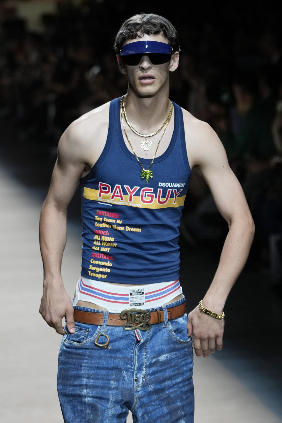 A model wears a creation as part of the Dsquared2 men's Spring Summer 2024 collection presented in Milan, Italy, Friday, June 16, 2023. (AP Photo/Luca Bruno)