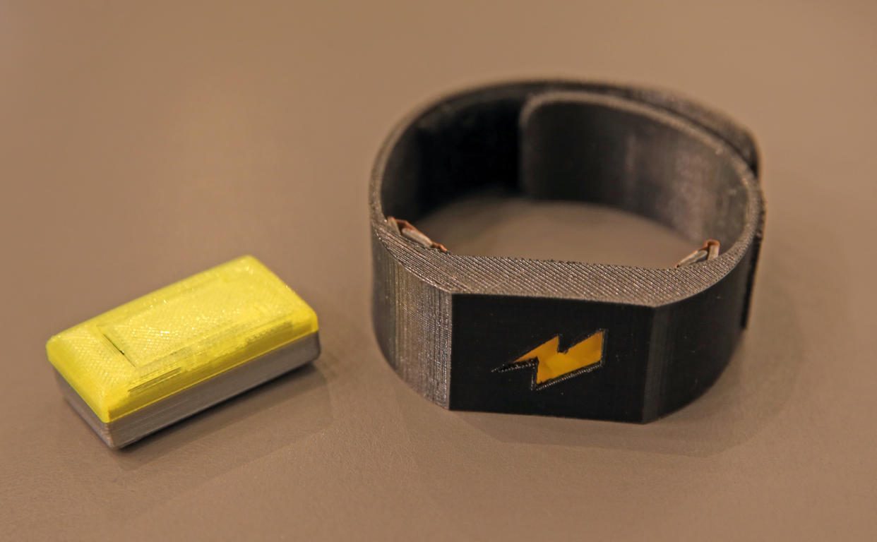 BOSTON - OCTOBER 14: The ultimate cure for procrastination--a wearable device that zaps you with an electric shock to keep you focused on your work. Maneesh Sethi's new company Pavlok makes a wristband that hits the user with an electric shock to remind him of appointments or fight off procrastination. (Photo by David L. Ryan/The Boston Globe via Getty Images)