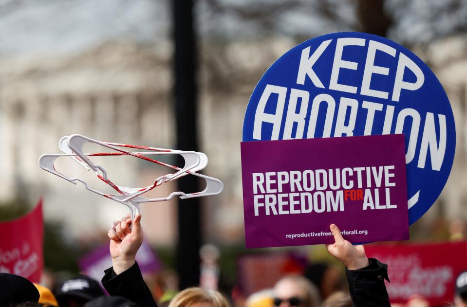 Abortion rights protesters take part in a protest outside the U.S. Supreme Court in Washington, DC on March 26, 2024.