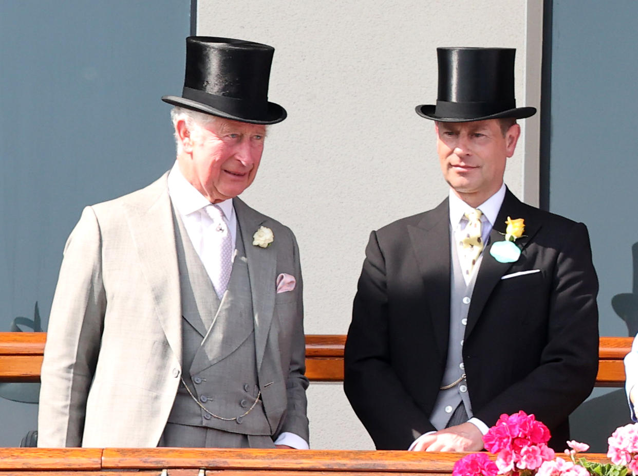 ASCOT, ENGLAND - JUNE 15: Prince Charles, Prince of Wales and Prince Edward, Earl of Wessex during Royal Ascot 2021 at Ascot Racecourse on June 15, 2021 in Ascot, England. (Photo by Chris Jackson/Getty Images)